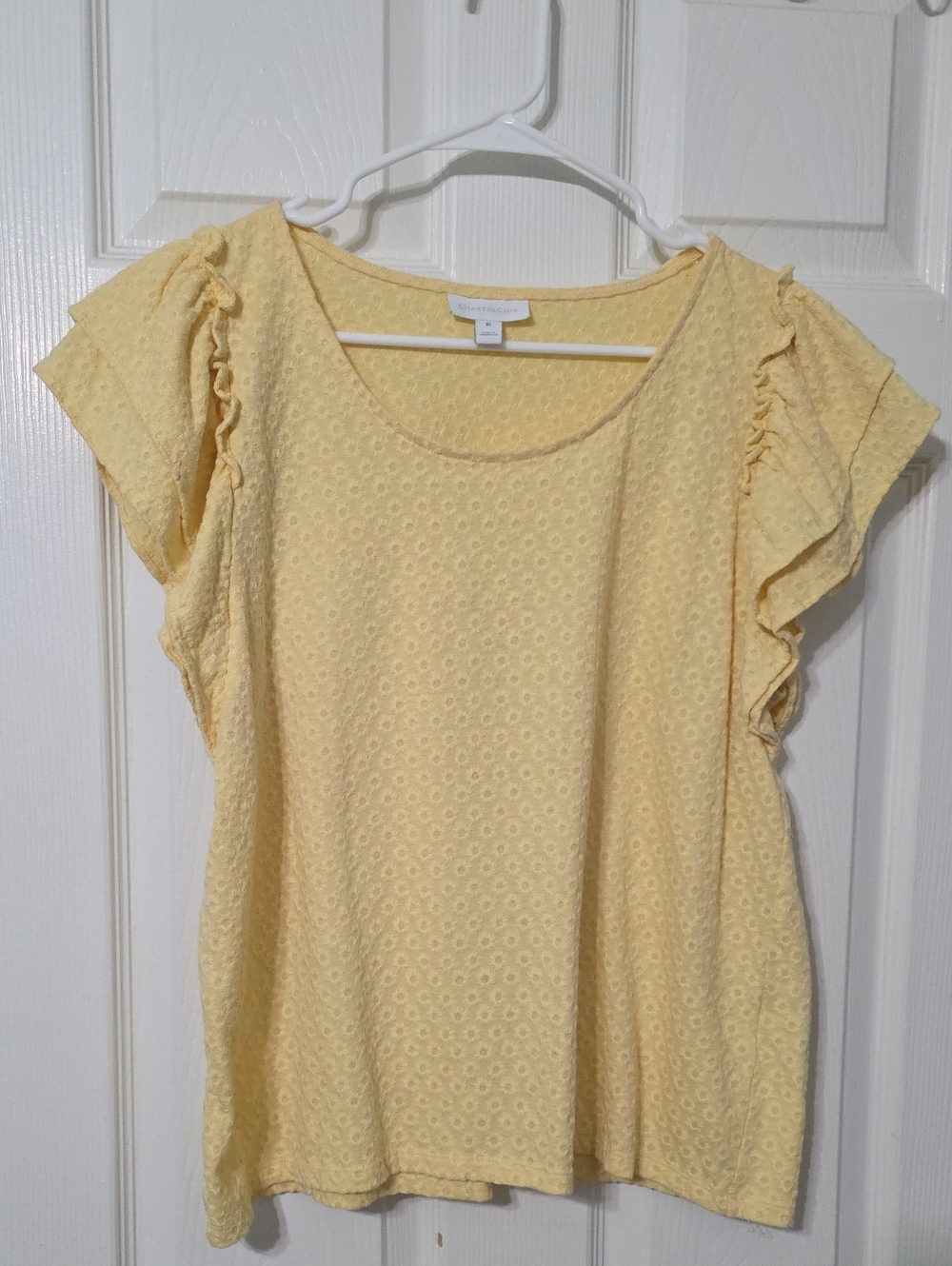 Charter Club Pale Yellow Eyelet Ruffle Sleeve Top